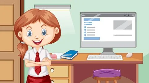 Happy girl next to study table Illustrazione stock