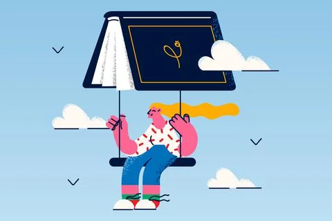 Happy girl reader fry on book as parachute Stock Illustration