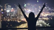 Happy Girl On The Roof At Night Stock Footage