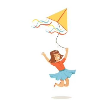 Happy girl running with her flying kite, kids outdoor activity colorful Stock Illustration