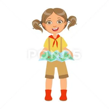Happy girl scout holding a tourist map, a colorful character Stock Illustration