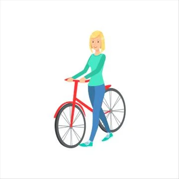 Happy Girl With Short Blond Hair Walking  Her Bycicle, Part Of Women Different Stock Illustration