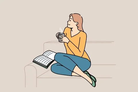 Happy girl sit on couch reading book drinking coffee Stock Illustration