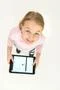 The happy girl stand with a tablet. View from above Photo