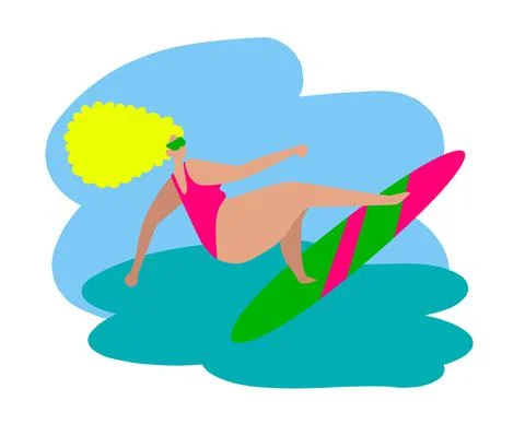 Happy girl is surfing. Cartoon. Vector . Stock Illustration