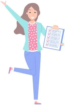 Happy girl with timetable, to do plan on clipboard. Check list planning Stock Illustration