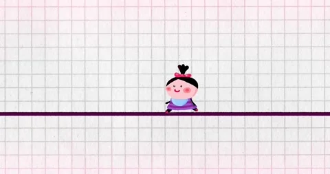 Happy girl walking loop on exercise book grid Stockbeeldmateriaal 329672087