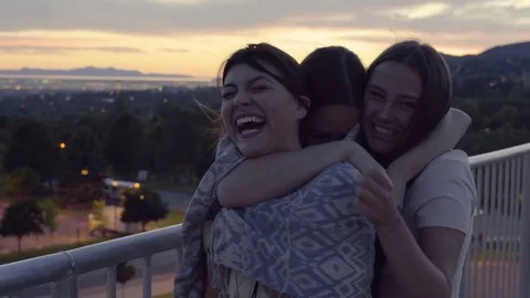 Happy Girls Have Group Hug And Laugh Really Hard At A Viewpoint Stock Footage