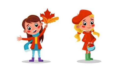 Happy girls playing with autumn leaves and picking apples cartoon vector Stock Illustration