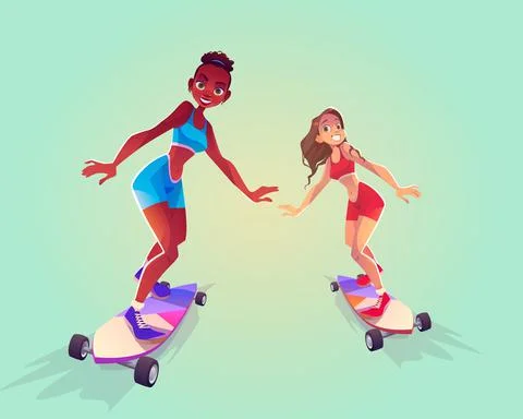 Happy girls riding on skateboard on road with palm Stock Illustration