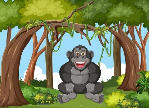 Happy Gorilla in a Lush Forest Stock Illustration