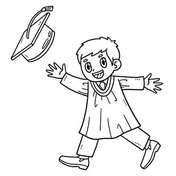 Happy Graduate Boy Throwing Cap Isolated Coloring Stock Illustration