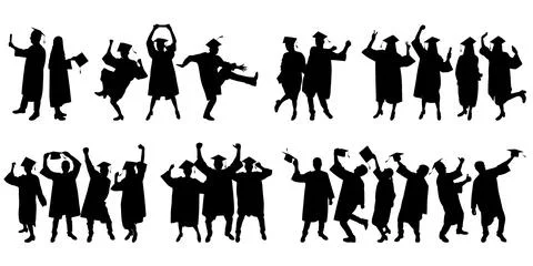 Happy graduating students celebrating academic success, silhouette. Set. Ve.. Stock Illustration