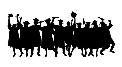 Happy graduating students celebrating academic success, silhouette. Vector .. Stock Illustration