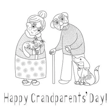 Happy grandparents day card, darling granny and grandpa, coloring book page Stock Illustration