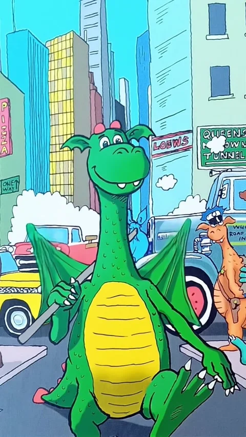 Happy Green Dragon Walking Through the City Stock Footage 304904477