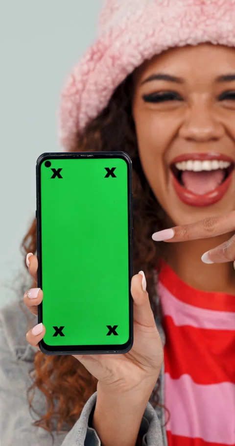 Happy, green screen and face of woman with phone in studio for ui design of Stock Footage 336842738