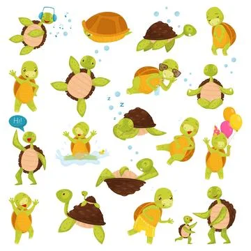 Happy Green Turtle with Cute Snout Engaged in Different Activity Big Vector Set Stock Illustration