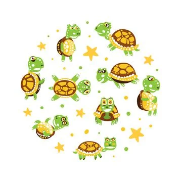 Happy Green Turtle with Shell Arranged in Circle Vector Illustration 스톡 일러스트