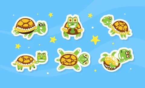 Happy Green Turtle with Shell on Starry Background Vector Sticker Set 스톡 일러스트