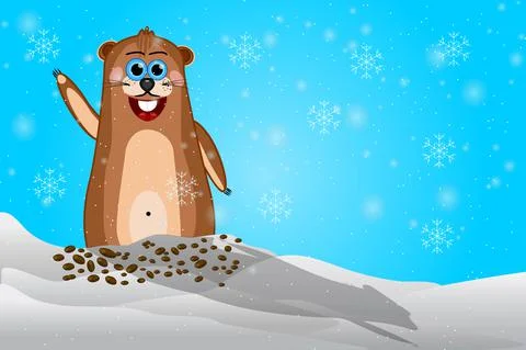 Happy groundhog day. Cute marmot character casts shadow. Stock Illustration