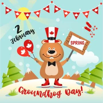 Happy Groundhog Day design in Canada with cute and funny groundhog Stock Illustration