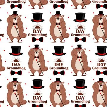 Happy Groundhog Day. Pattern of a groundhog in a tuxedo, top hat, bow tie, wi 库存插图