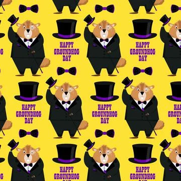 Happy Groundhog Day. Pattern of a groundhog in a tuxedo, top hat, bow tie, wi Stock Illustration