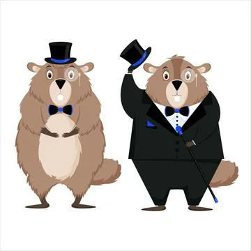 Happy Groundhog Day. Set of two elegant groundhogs isolated on a white backgr Stock Illustration