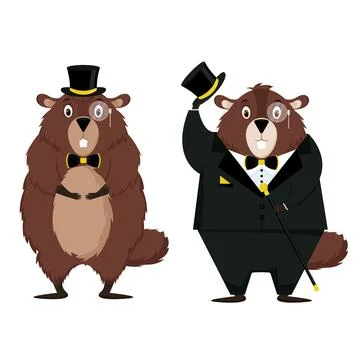 Happy Groundhog Day. Set of two elegant groundhogs isolated on a white backgr Stock Illustration