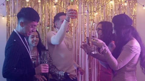 Happy Group of Friends Taking a Group Selfie While Celebrating Christmas Reunion Stock Footage 257513234