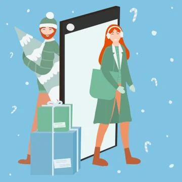 Happy group og people preparing for christmas and new year, vector illustrati Stock Illustration