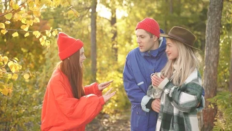 Happy group of tourists have fun in the autumn forest, socialize and enjoy the Stock Footage 153017953
