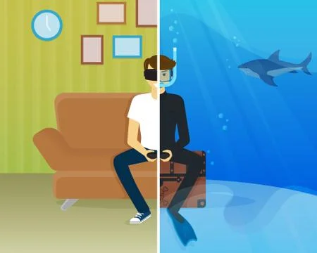Happy guy is doing scuba diving in virtual reality Stock Illustration