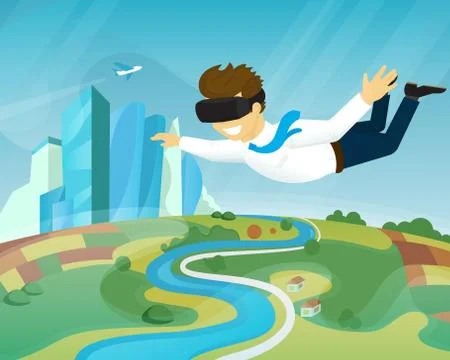 Happy guy is flying in virtual reality Stock Illustration