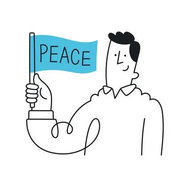 Happy guy holding a peace flag. Outline, linear, thin line, doodle art. Sim.. Stock Illustration