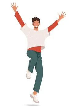 Happy guy jumping with his hands up. Modern young man at a holiday, concert Stock Illustration