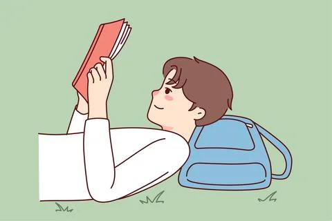 Happy guy lying on ground reading book Stock Illustration