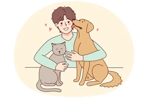 Happy guy with pets Stock Illustration