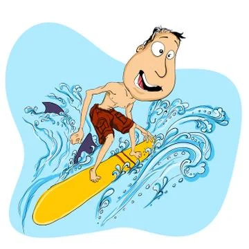 Happy guy playing on surfboard Illustrazione stock