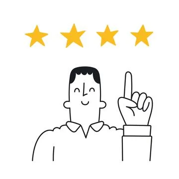 Happy guy pointing at full star rating. Good customer feedback, positive re.. Stock Illustration