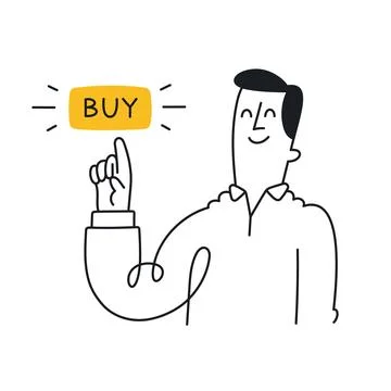 Happy guy pushing a buy button. Outline, linear, thin line, doodle art. Sim.. Stock Illustration