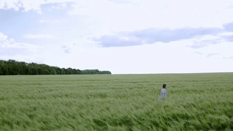 Happy guy running on a green wheat field 스톡 동영상 77978156