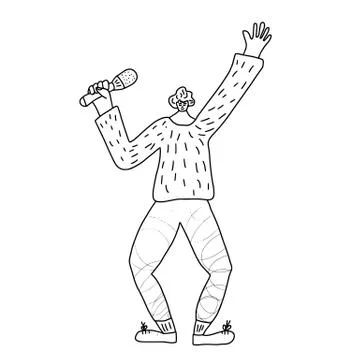 Happy guy singing isolated on white background. Singer standing with mike. Cu Stock Illustration