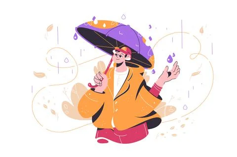 Happy guy standing under rain Stock Illustration