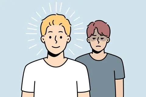Happy guy stands in front of sad one. Winner, looser. 库存插图