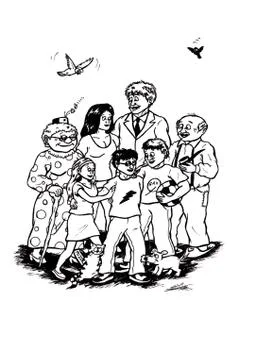 Happy guy surrounded by his BIG Family Stock Illustration