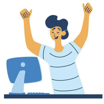 Happy guy at table computer, successful employee vector character. The concep Stock Illustration
