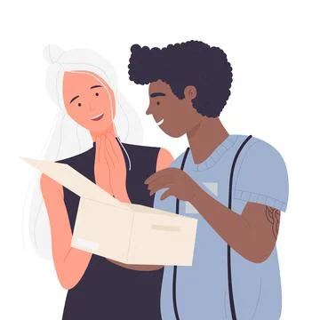 Happy guys open parcel box Illustration