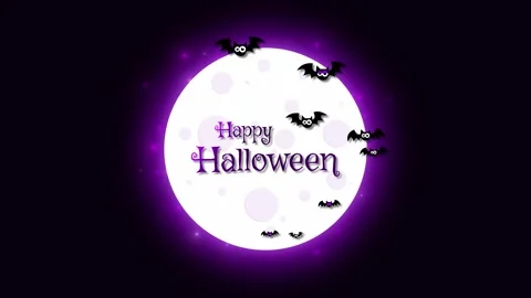 Happy Halloween 4k loop animation, moon and bats flying with text on dark back Stock Footage 250578454